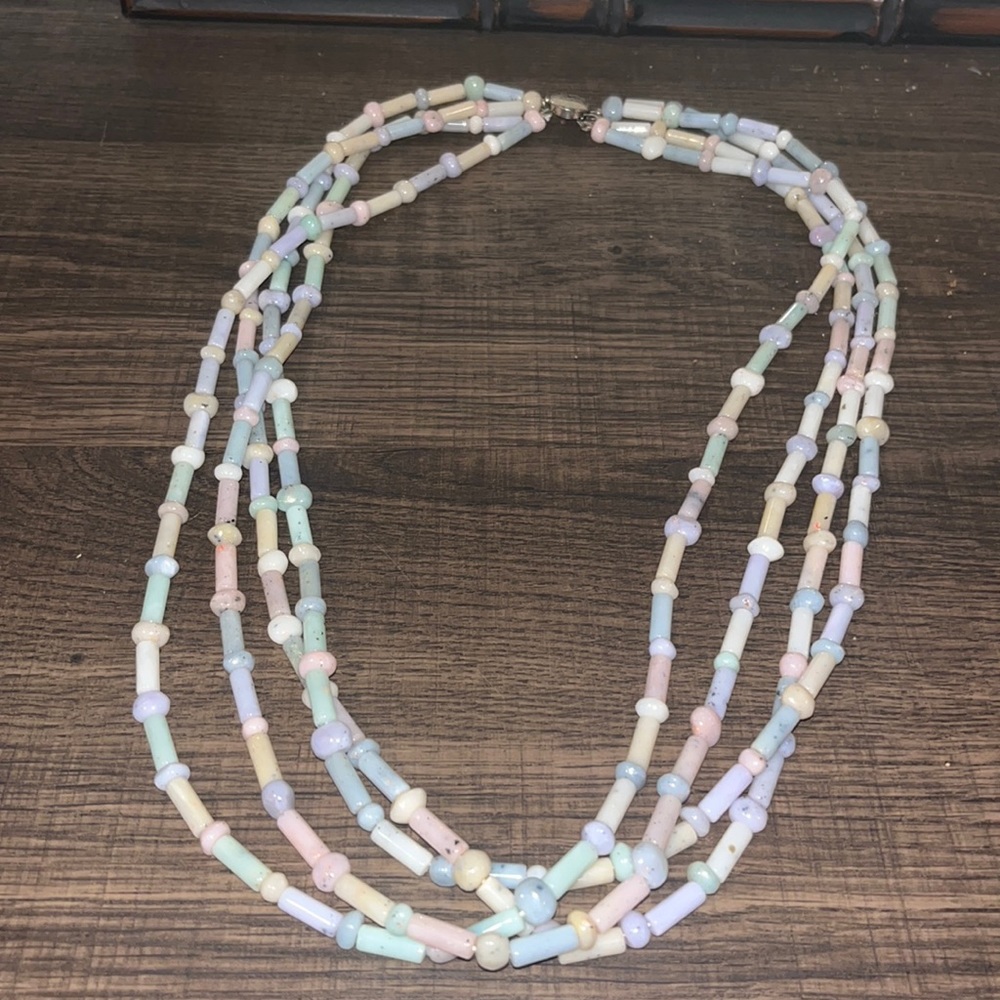 Vintage Multi-Strand Pastel Bead Necklace - Cream, Pink, Blue, Green, Purple